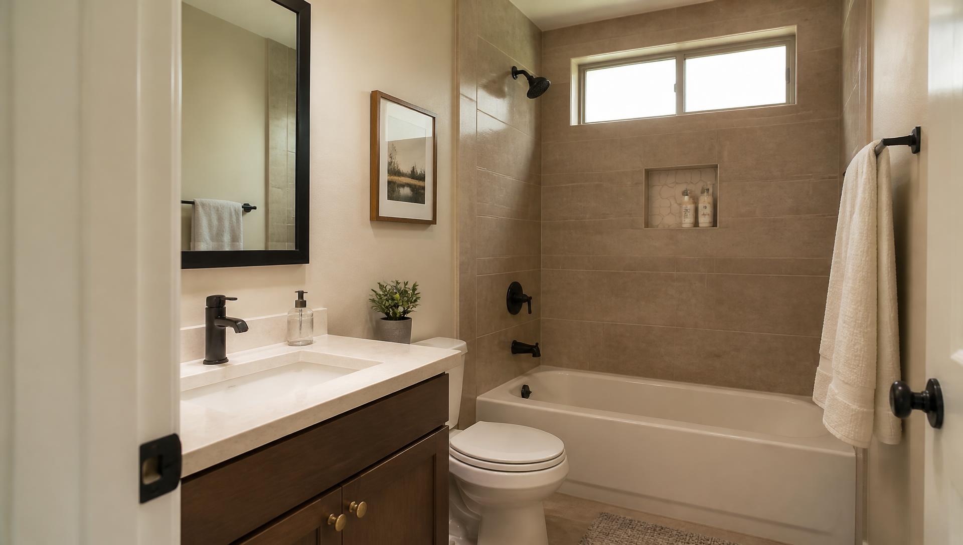 Finished residential bathroom remodel with tiled tub surround and new vanity