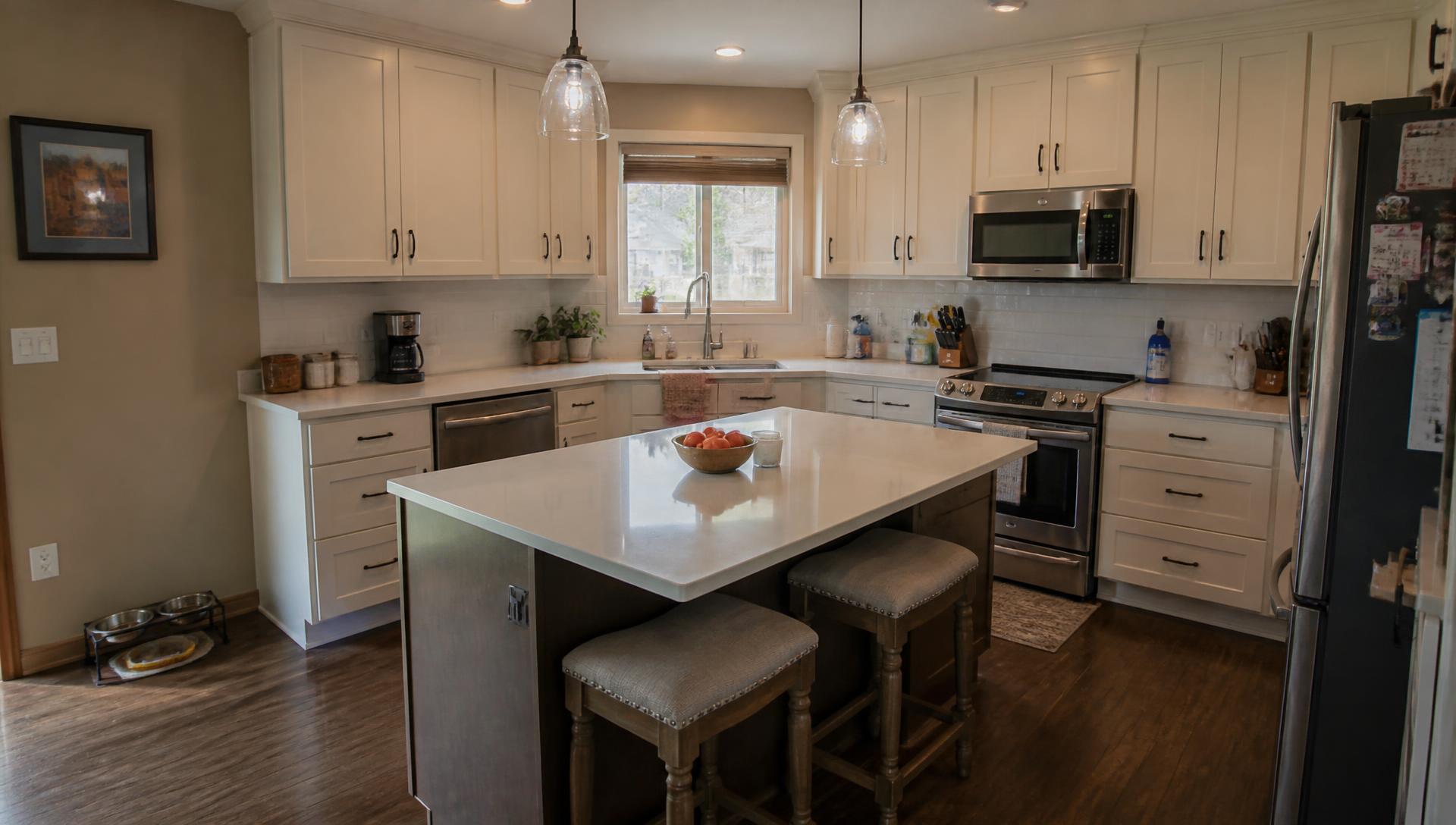 Remodeled kitchen in a Central Iowa home with natural daylight and a quartz island