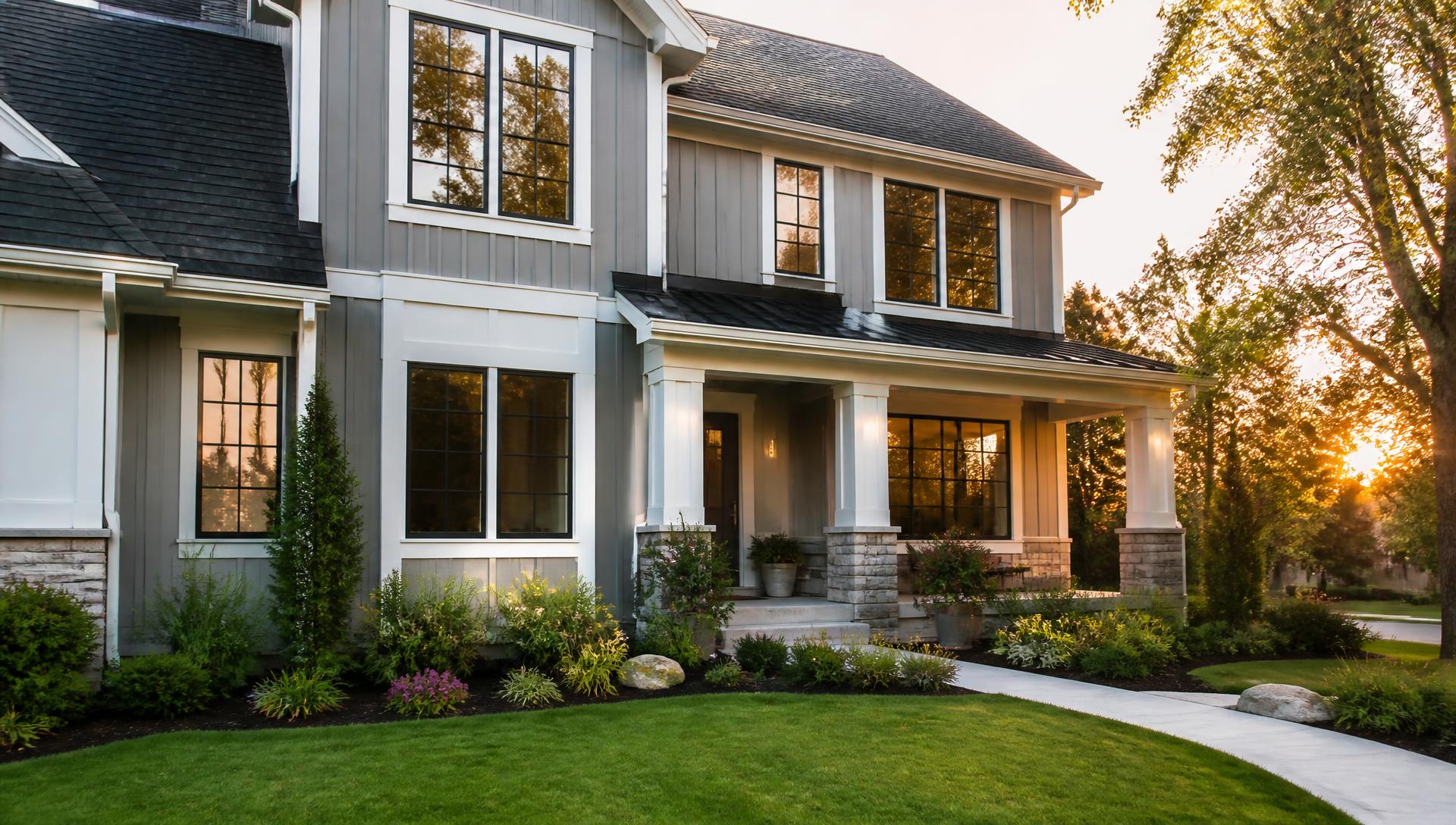 Central Iowa home exterior with professionally installed replacement windows in evening light