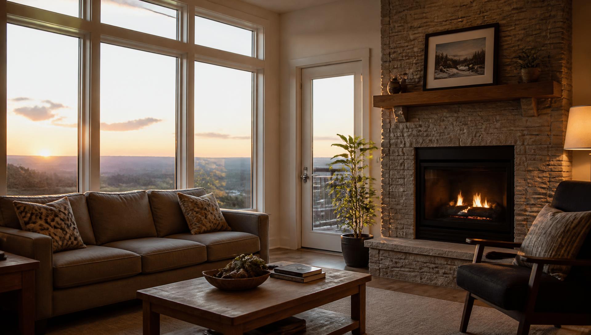 Living room interior with large new energy-efficient windows and daylight